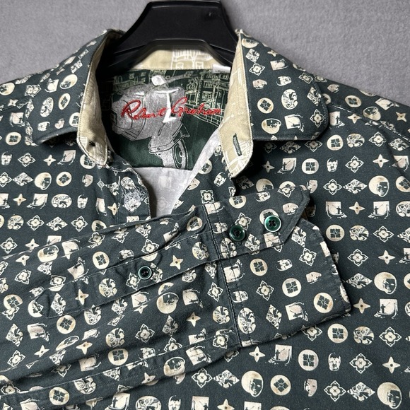 Robert Graham Shirt Mens Small Green Button Up Flip Cuff City Of Masks - Picture 1 of 16